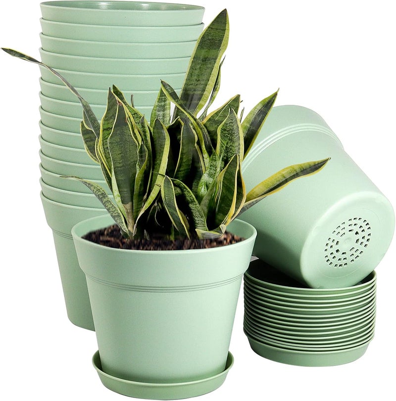 WOUSIWER 16 Pack 6 inch Plastic Planters, Plastic Indoor Planter Flower Pots, Heavy Duty and Stylish 6 Inch Plant Pots for Indoor Plants with Drainage Holes and Tray for Plants Flowers, Green - Image 1